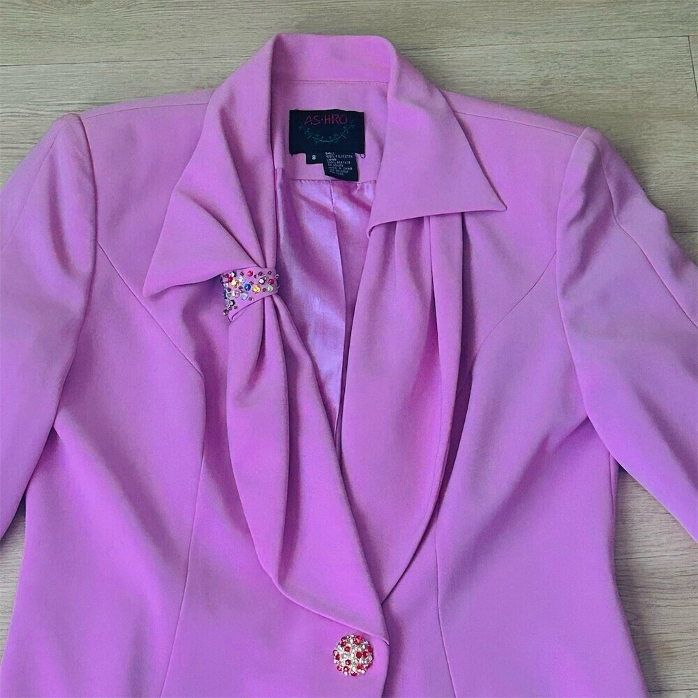 ASHRO Blazer Jacket Womens Size 8 Pink Embellished Single Button Lined - Picture 5 of 9